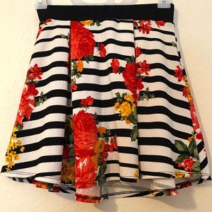 Floral Black and White Striped Pleated Skirt